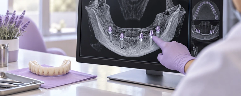 Fogorvos a monitoron a teljes állcsont implantátumtervét mutatja