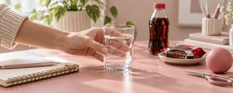Pohár víz, üdítő és édesség az asztalon – fogakat terhelő szokások
