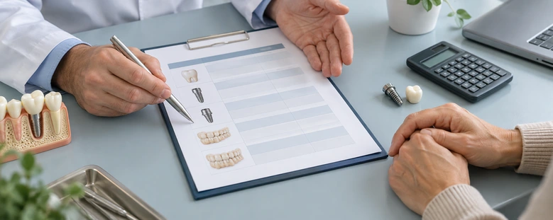 Fogorvos az implantációs kezelési tervet és az árakat magyarázza a páciensnek