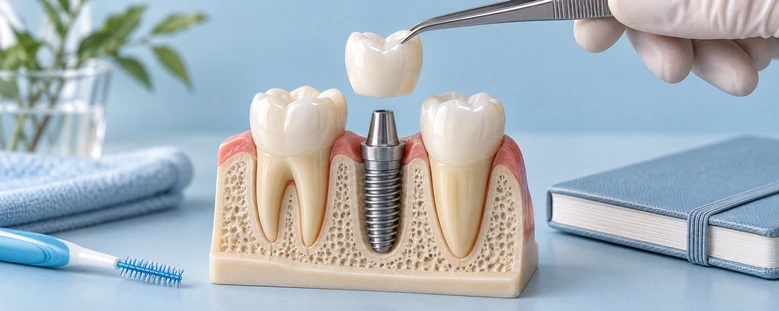 Korona felhelyezése implantátumra a fogsormodellben