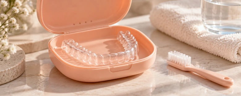 Átlátszó retainer sín nyitott tokban, mellette fogkefe