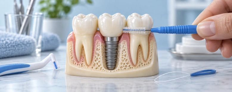 Fogközkefe az implantátum melletti résben a modellen