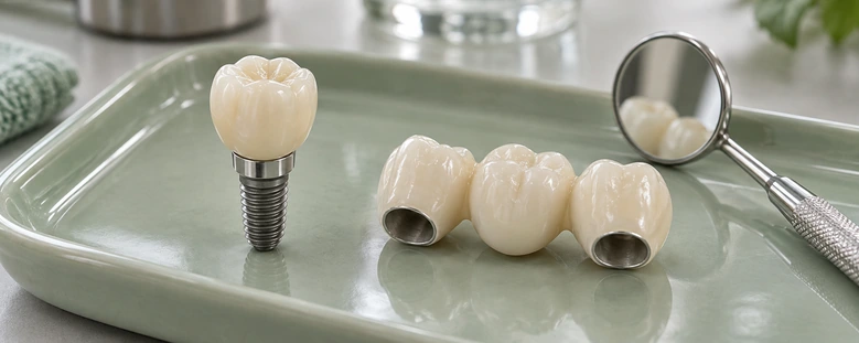 Implantátum koronával és háromtagú híd egy tálcán